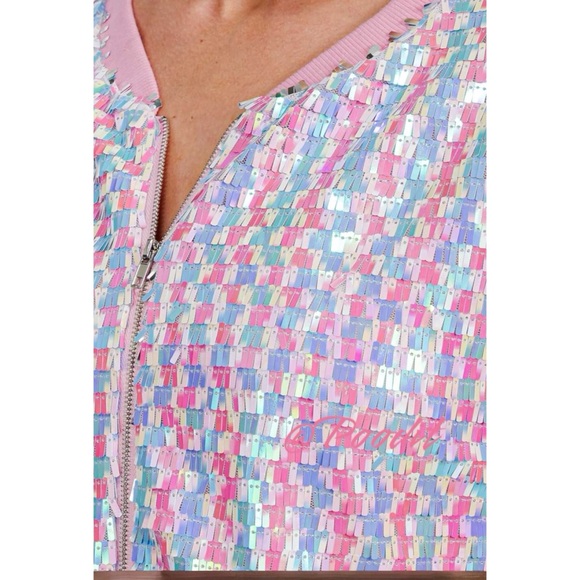 FANTASTIC FAWN Oversized sequin lightweight pink trim jacket S M L - Picture 4 of 8